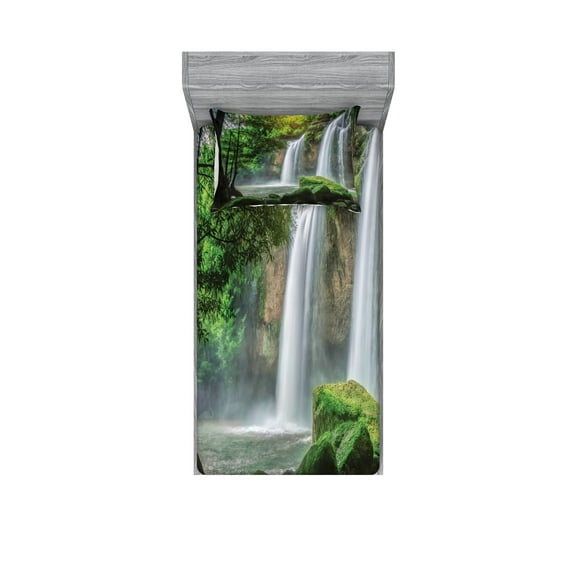 Ambesonne Green Fitted Sheet & Pillow Sham Set, Waterfall Nature Exotic, Twin, White Green