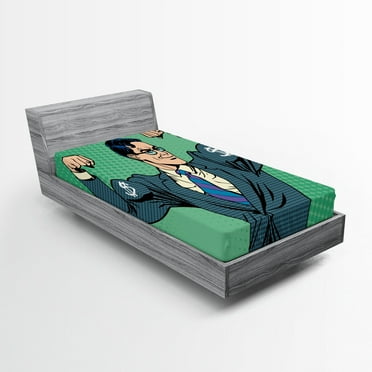 Ambesonne Green Fitted Sheet, Pop Art Retro Man, Twin XL Size, Petrol Blue Fern Green