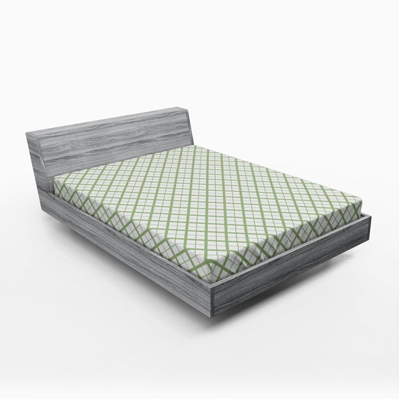 Ambesonne Green Fitted Sheet, Retro Square Shapes Tile, Full Size, Pistachio Green White