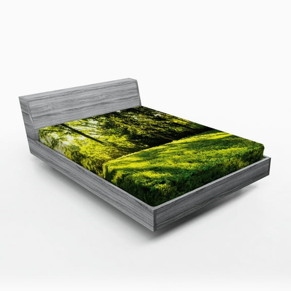 Ambesonne Green Fitted Sheet, Rising Sun Beams Forest, Full Size, Green