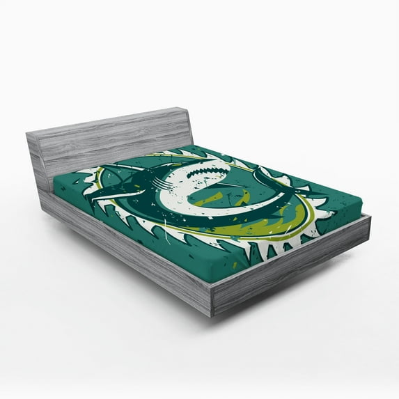 Ambesonne Green Fitted Sheet, Shark Hunter Marine Art, Full Size, Green