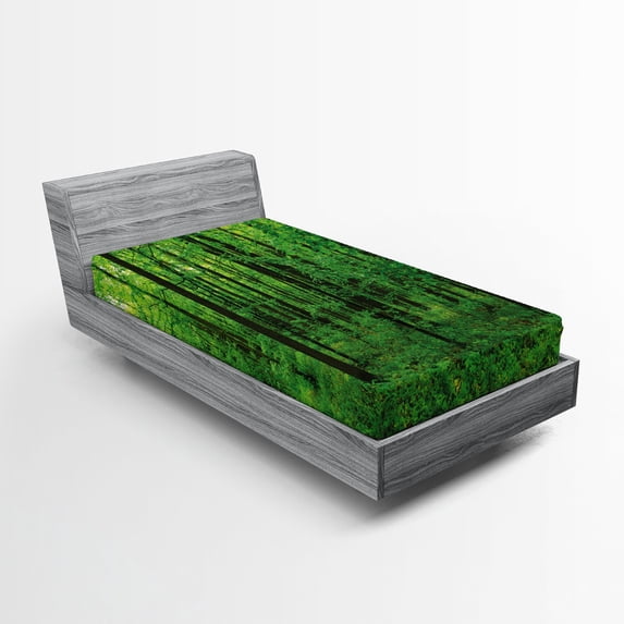 Ambesonne Green Fitted Sheet, Spring Forest Bush Rural, Twin XL Size, Green