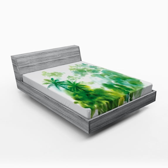 Ambesonne Green Fitted Sheet, Watercolor Forest Image, Queen Size, Forest Green Pale Green