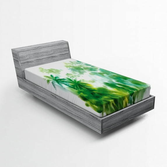 Ambesonne Green Fitted Sheet, Watercolor Forest Image, Twin XL Size, Forest Green Pale Green