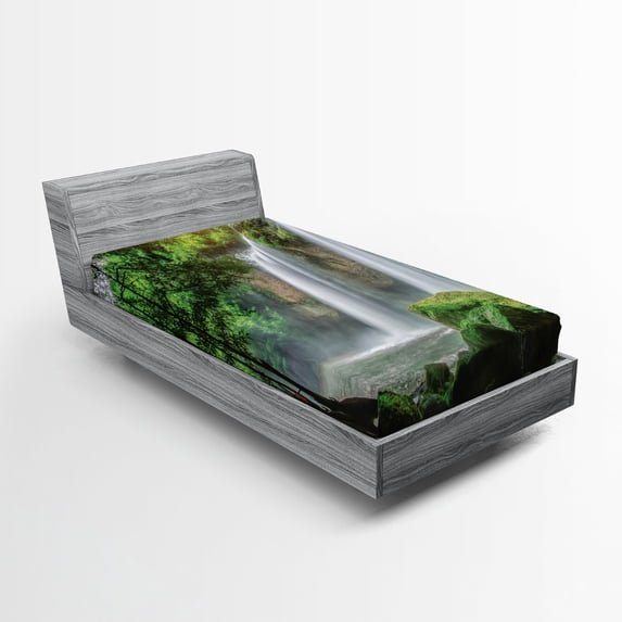 Ambesonne Green Fitted Sheet, Waterfall Nature Exotic, Twin Size, White Green