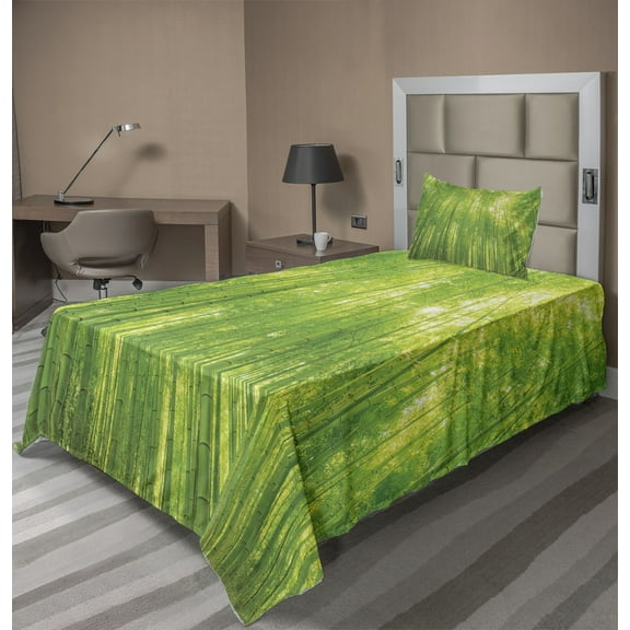Ambesonne Green Fitted & Top Sheet Set with Sham, Exotic Wildlife Scenery Print, Green