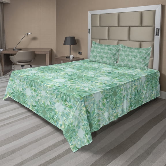 Ambesonne Green Fitted & Top Sheet Set with Shams, Floral Pattern with Beryl, Green