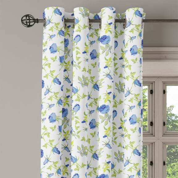 Ambesonne Green Flower Grommet Curtain Single Panel, Ornate Rose Buds, 50"x60", Blue Pale Green White