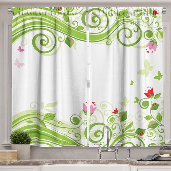 Ambesonne Green Flower Kitchen Curtains, Blossoming Stripes, 55"x39", Lime Green Pink Red