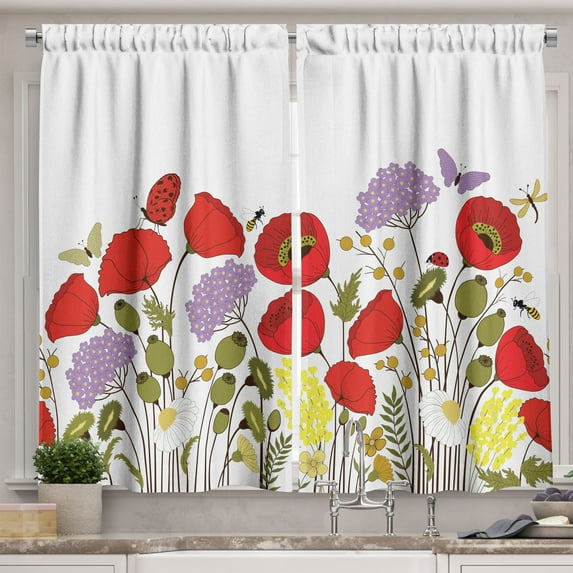 Ambesonne Green Flower Kitchen Curtains, Nature Scene Fauna, 55"x39", Multicolor