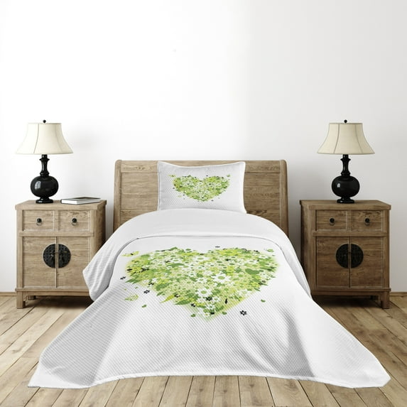 Ambesonne Green Flower Quilted Bedspread Set 2 Pcs, Valentines Day, Twin Size, Pale Green White Black