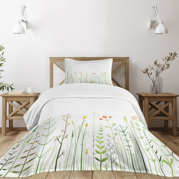 Ambesonne Green Flower Quilted Bedspread Set 2 Pcs, Wildlife Rustic, Twin Size, Multicolor