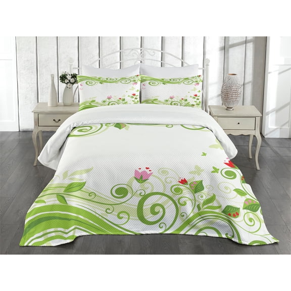 Ambesonne Green Flower Quilted Bedspread Set 3 Pcs, Blossoming Stripes, Queen Size, Lime Green Pink Red