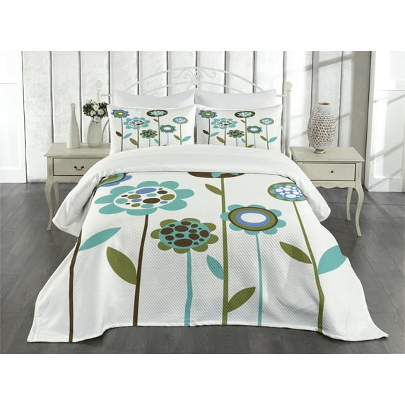 Ambesonne Green Flower Quilted Bedspread Set 3 Pcs, Grunge Doodles, Queen Size, Multicolor