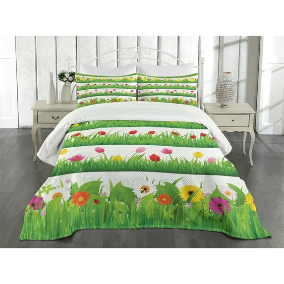 Ambesonne Green Flower Quilted Bedspread Set 3 Pcs, Nature Scenes Spring, King Size, Multicolor