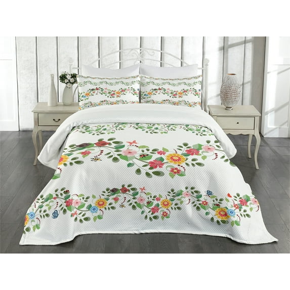 Ambesonne Green Flower Quilted Bedspread Set 3 Pcs, Romantic Pattern, King Size, Multicolor