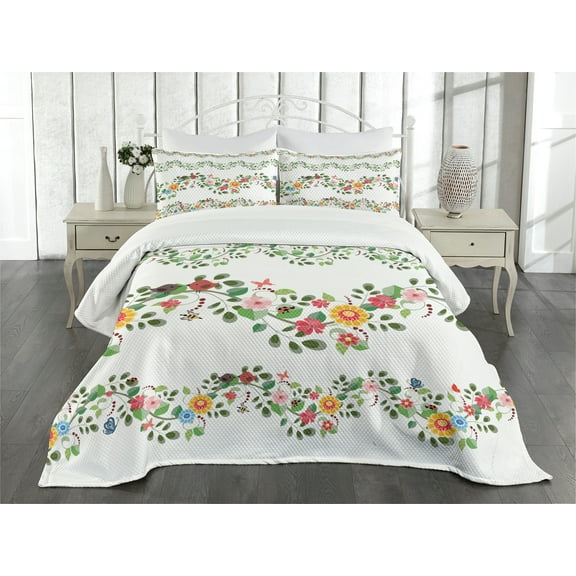 Ambesonne Green Flower Quilted Bedspread Set 3 Pcs, Romantic Pattern, King Size, Multicolor