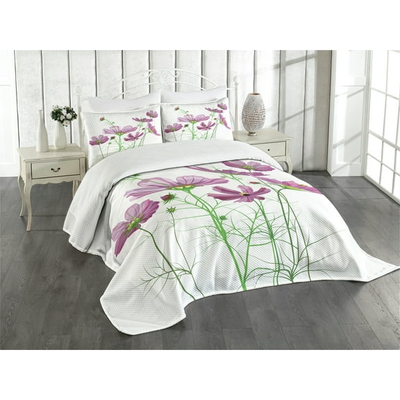 Ambesonne Green Flower Quilted Bedspread Set 3 Pcs, Spring Foliage, King Size, Lilac Green