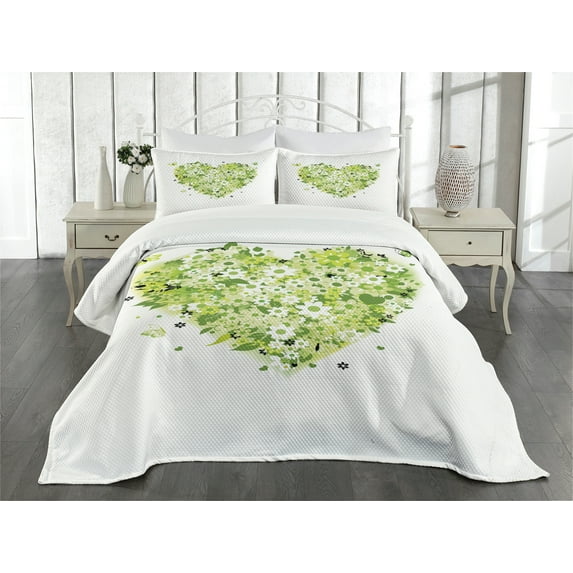 Ambesonne Green Flower Quilted Bedspread Set 3 Pcs, Valentines Day, King Size, Pale Green White Black