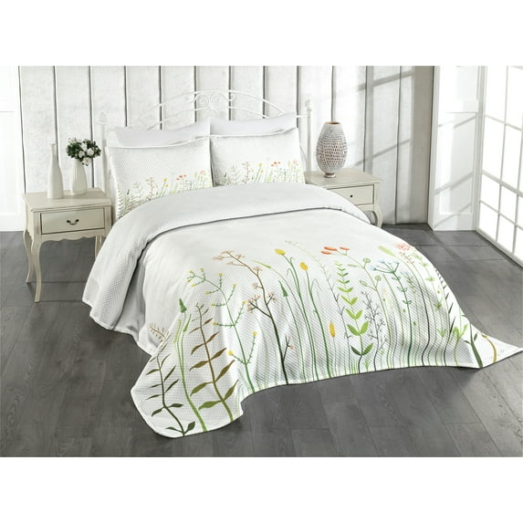 Ambesonne Green Flower Quilted Bedspread Set 3 Pcs, Wildlife Rustic, King Size, Multicolor