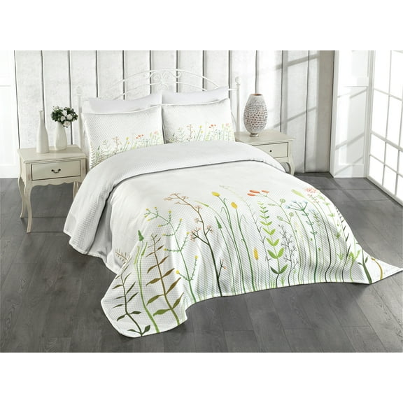 Ambesonne Green Flower Quilted Bedspread Set 3 Pcs, Wildlife Rustic, Queen Size, Multicolor
