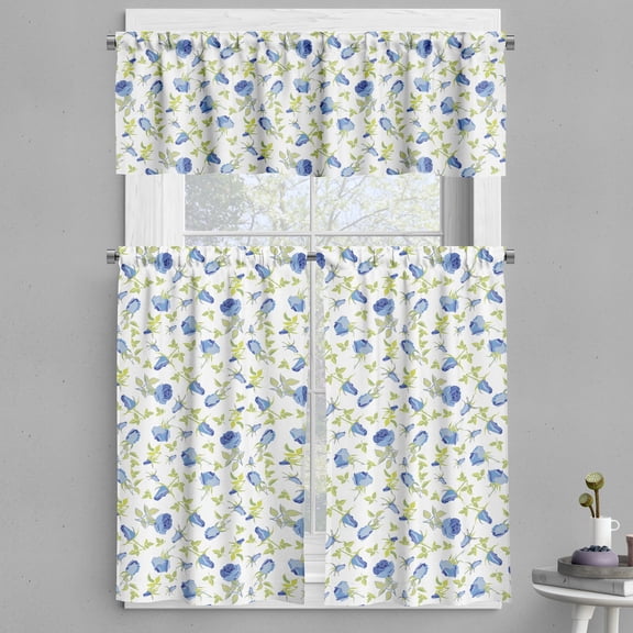Ambesonne Green Flower Valance & Curtain, Ornate Rose Buds, 55"x30", Blue Pale Green White