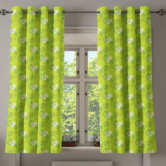 Ambesonne Green Grommet Curtain, Abstract Falling Leaf, 50" x 54", Pale Yellow Apple Green