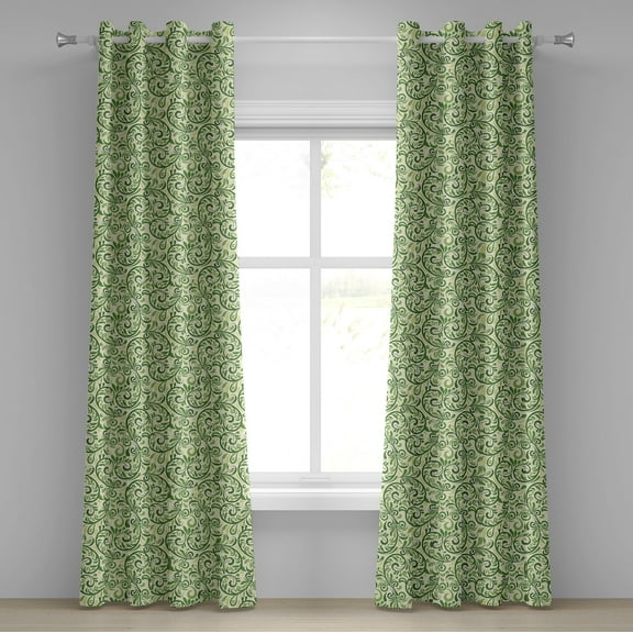 Ambesonne Green Grommet Curtain, Curly Ornate Leaf Damask, 50" x 84", Pale Green Fern Green