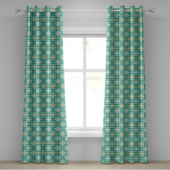 Ambesonne Green Grommet Curtain, Geometric Colored Tiles, 50" x 108", Green Teal White