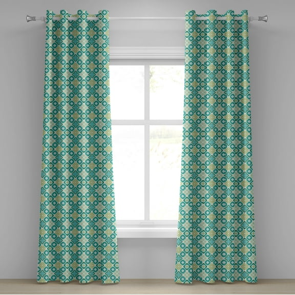 Ambesonne Green Grommet Curtain, Geometric Colored Tiles, 50" x 120", Green Teal White