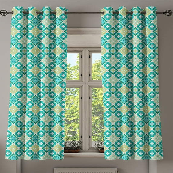 Ambesonne Green Grommet Curtain, Geometric Colored Tiles, 50" x 63", Green Teal White