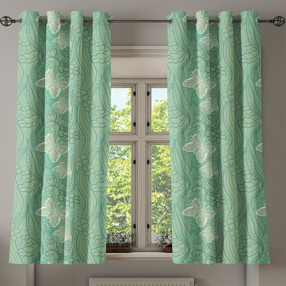 Ambesonne Green Grommet Curtain, Lace Style Butterflies, 50" x 63", Pale Green Turquoise