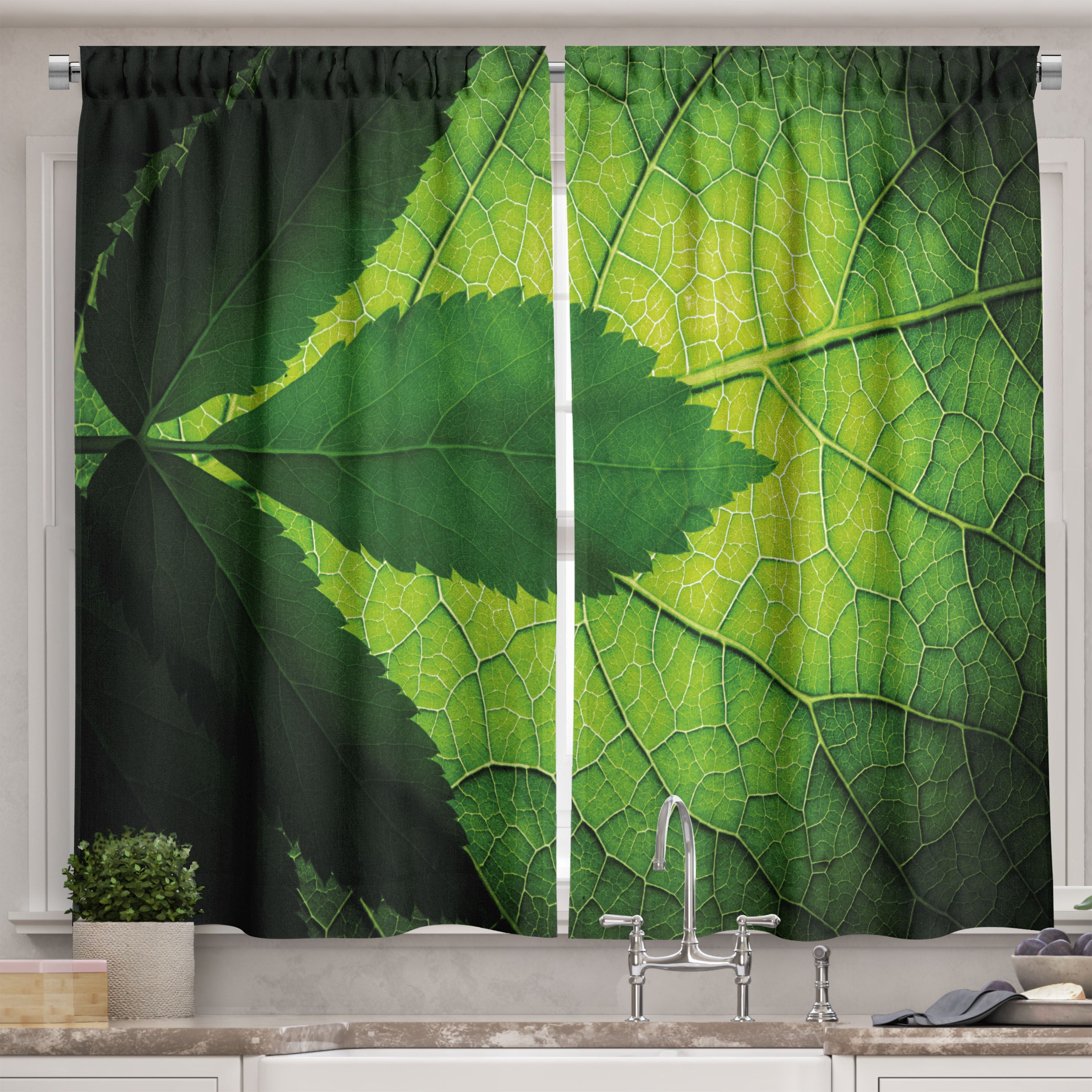 Ambesonne Green Kitchen Curtains, Brazilian Tree Leaf Eco, 55"x45