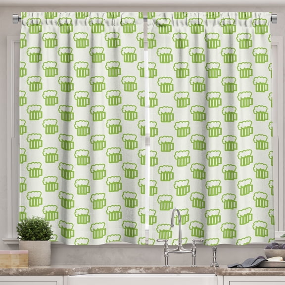 Ambesonne Green Kitchen Curtains, Foamy Beer Glasses, 55"x39", Apple Green White