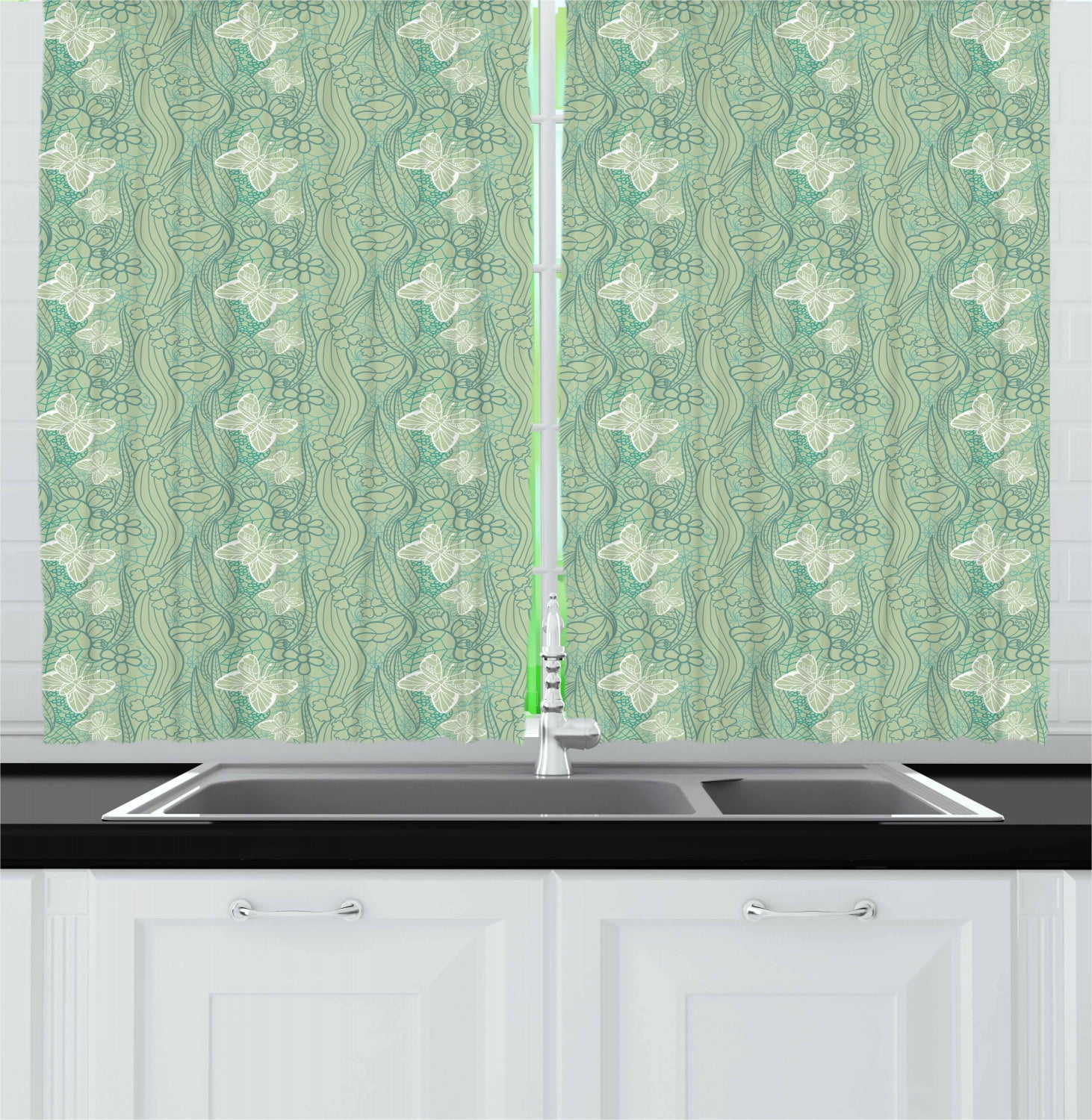 Green Lace Detail Sheer Polyester Kitchen Curtains Set