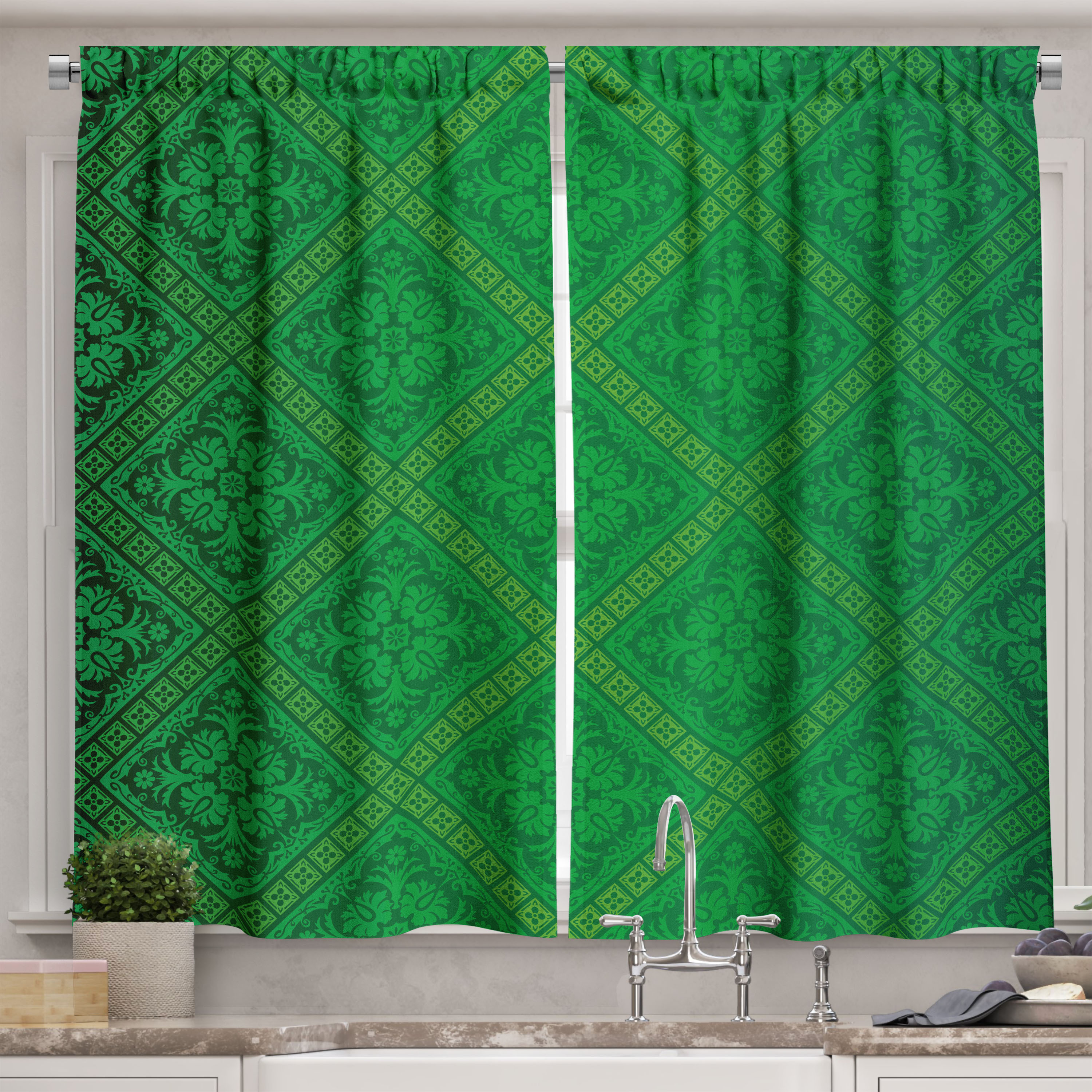 Ambesonne Green Kitchen Curtains, Vector Foliage Pattern, 55