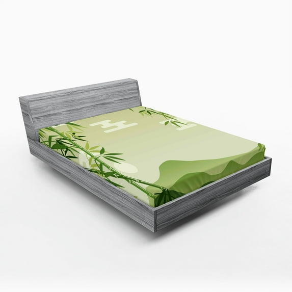 Ambesonne Green Leaf Fitted Sheet, Japanese Tree Oriental, King Size, Lime Green and Pale Green