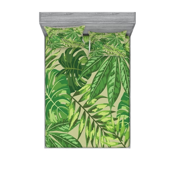 Ambesonne Green Leaf Fitted Sheet & Pillow Sham Set, Fresh Jungle Aloha, Full, Apple Green Fern Green