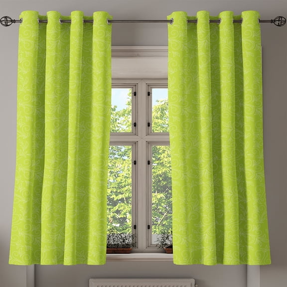 Ambesonne Green Leaf Grommet Curtain, Doodle Curly Flora, 50" x 63", Yellow Green White