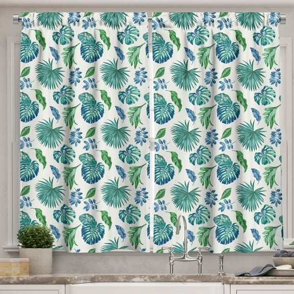 Ambesonne Green Leaf Kitchen Curtains, Monstera Coconut Palm, 55"x45", Turquoise and Navy Blue