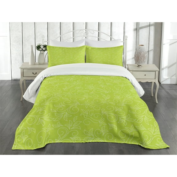 Ambesonne Green Leaf Quilted Bedspread Set 3 Pcs, Doodle Curly Flora, Queen Size, Yellow Green White