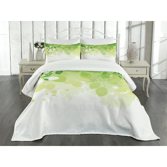 Ambesonne Green Leaf Quilted Bedspread Set 3 Pcs, Leaves Fantasy Flora, Queen Size, Yellow White Green