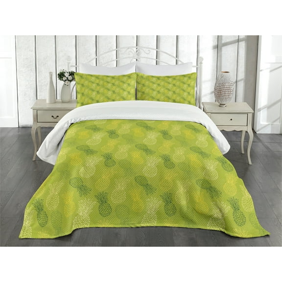Ambesonne Green Leaf Quilted Bedspread Set 3 Pcs, Tropical Pineapple, Queen Size, Apple Green and Fern Green