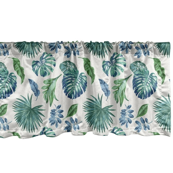 Ambesonne Green Leaf Window Valance, Monstera Coconut Palm, 54" X 12", Turquoise and Navy Blue
