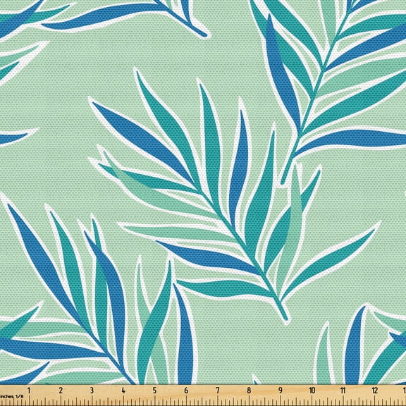 Ambesonne Green Leaves Fabric by the Yard Upholstery, Pastel Cold Palette, 1 Yard, Sea Blue and Teal