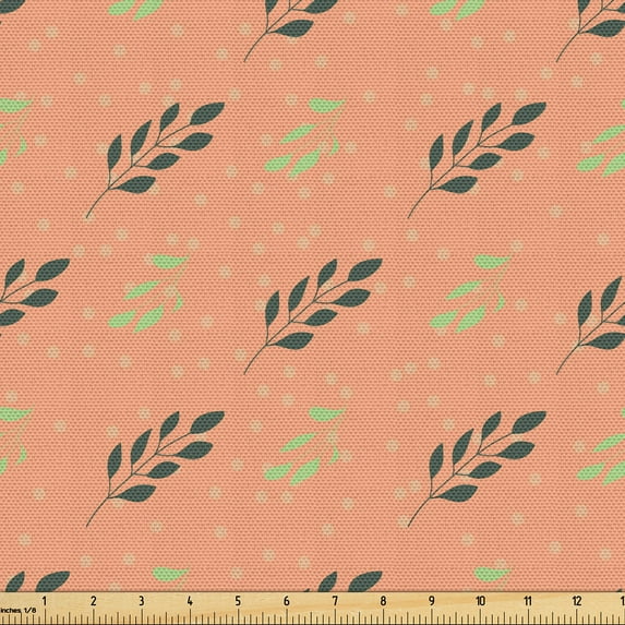 Ambesonne Green Leaves Fabric by the Yard Upholstery, Soft Dots and Branches, 3 Yards, Salmon and Peach