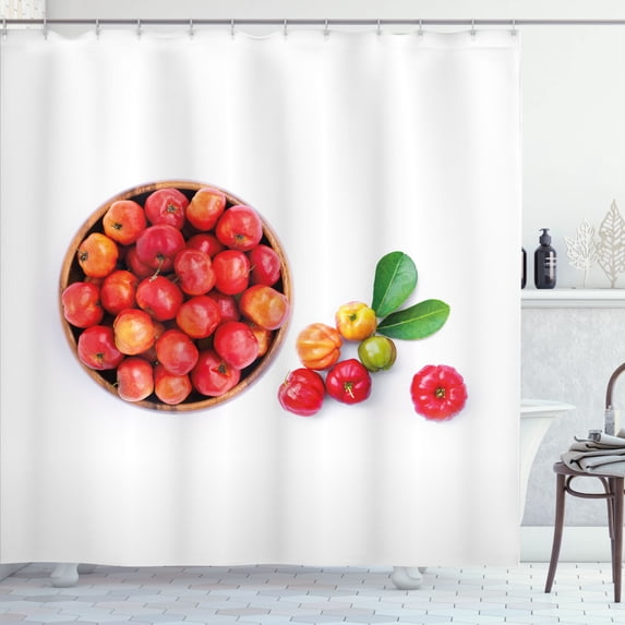 Ambesonne Green Leaves Shower Curtain, Acerola Cherry Fruits, 69"Wx84"L, Dark Salmon Pale Orange