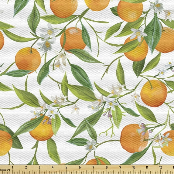 Ambesonne Green Orange Fabric by the Yard Upholstery, Orange Branch, 2 Yards, Fern Green Orange Yellow