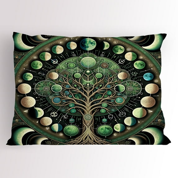 Ambesonne Green Pillow Sham, Tree of Life Enhance Night, 26" X 20", Black Ecru Fern Green