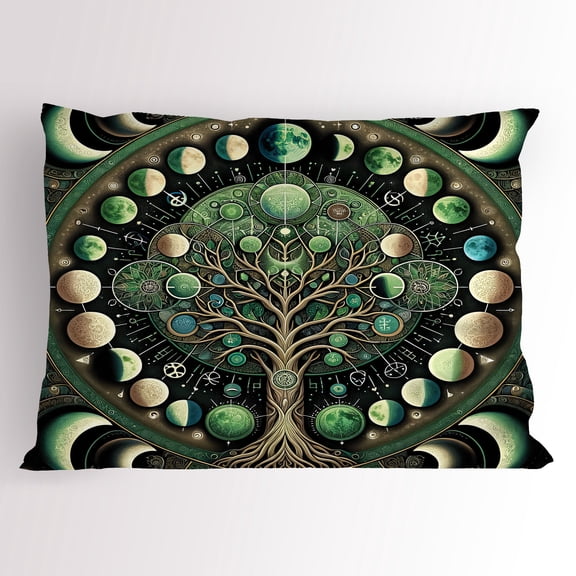 Ambesonne Green Pillow Sham, Tree of Life Enhance Night, 26" X 20", Black Ecru Fern Green